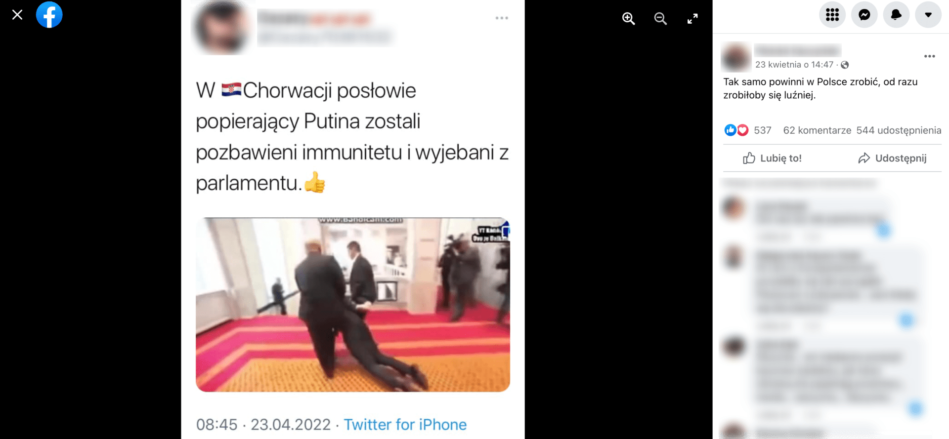 Zrzut ekranu z posta na Facebooku, w którym stwierdzono, że chorwaccy posłowie zostali pozbawieni immunitetu i wyrzuceni z parlamentu za popieranie Putina. Post zdobył ponad 500 reakcji, 62 komentarze i ponad 500 udostępnień.