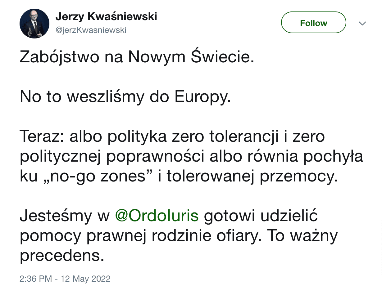 Zrzut ekranu ze wpisu na Twitterze opublikowanego przez Jerzego Kwaśniewskiego.