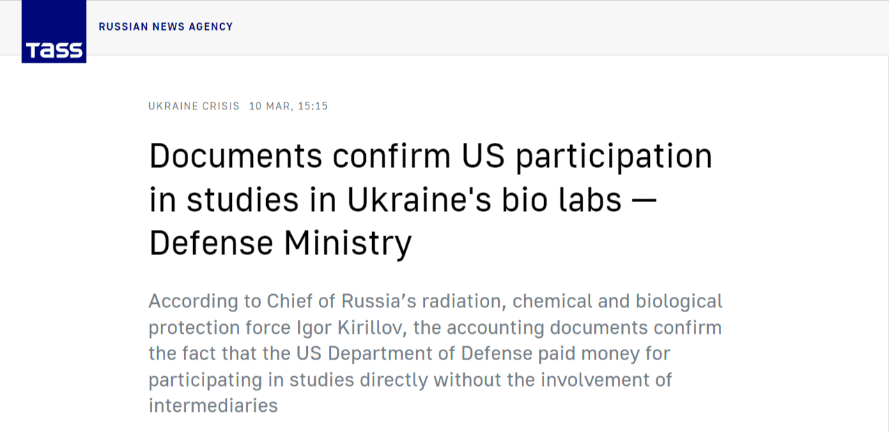 Artykuł agencji informacyjnej TASS na temat laboratoriów broni biologicznej w Ukrainie.