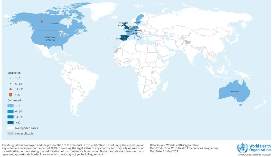 Zdjęcie przedstawiające mapę z niedawnymi zachorowaniami na małpią ospę w Ameryce Północnej, Europie i Australii.