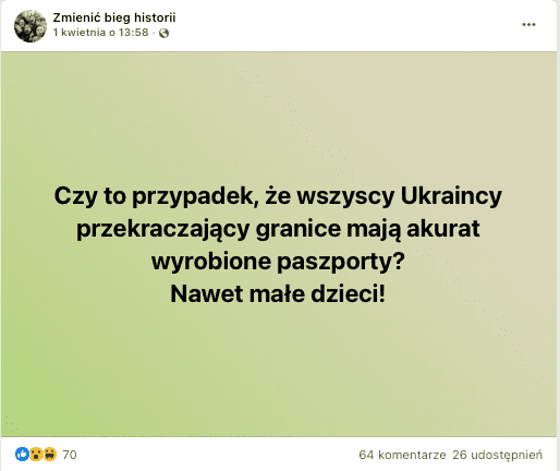 Zrzut ekranu z posta na Facebooku, w którym zadano retoryczne pytanie na temat ukraińców posiadających paszporty.