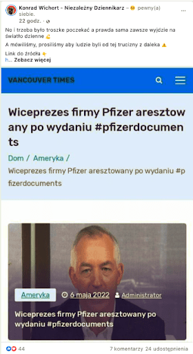 Wpis na Facebooku zawierający informacje o aresztowaniu wiceprezesa Pfizera. W pośćie dodatkowo znajduje się fotografia przedstawiajaća łysiejącego mężczyznę w średnim wieku, ubranego w granatową marynarkę i rozpiętą pod szyją białą koszulę. 