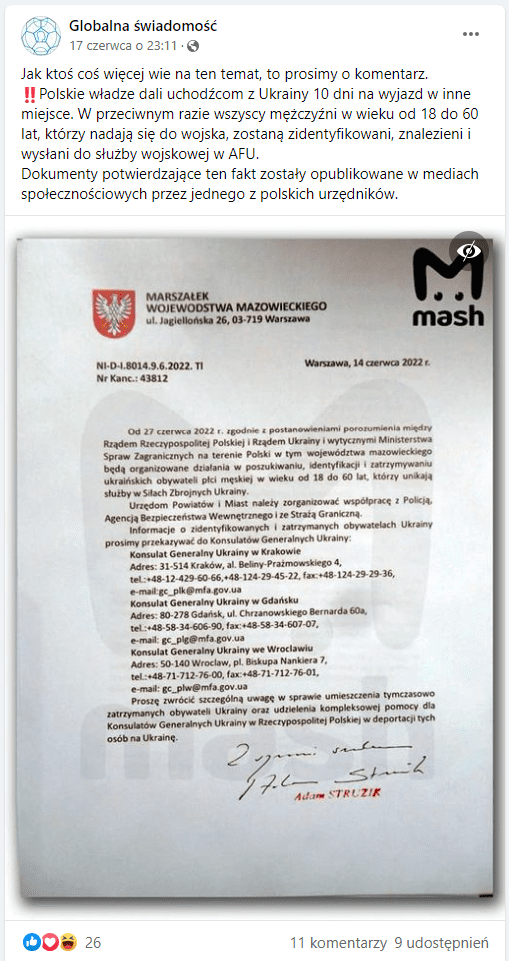 Zrzut posta na stronie facebookowej "Globalna świadomość". Widzimy w nim zdjęcie dokumentu z instrukcjami dla polskich służb, które zostały podpisane nazwiskiem marszałka Adama Struzika.