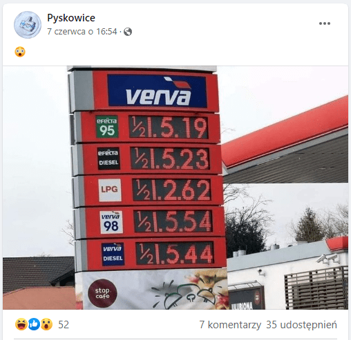Zrzut ekranu posta na Facebooku. Zdjęcie przedstawia tablicę z cenami za paliwa różnego rodzaju. Wszystkie ceny dotyczą połowy litra.