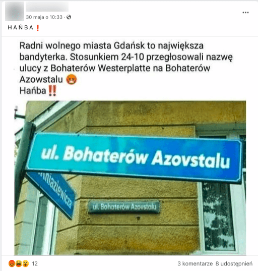 Wpis na Facebooku zawierający zdjęcie tablicy z nazwą ulicy "Ul. Bohaterów Azovstalu". 