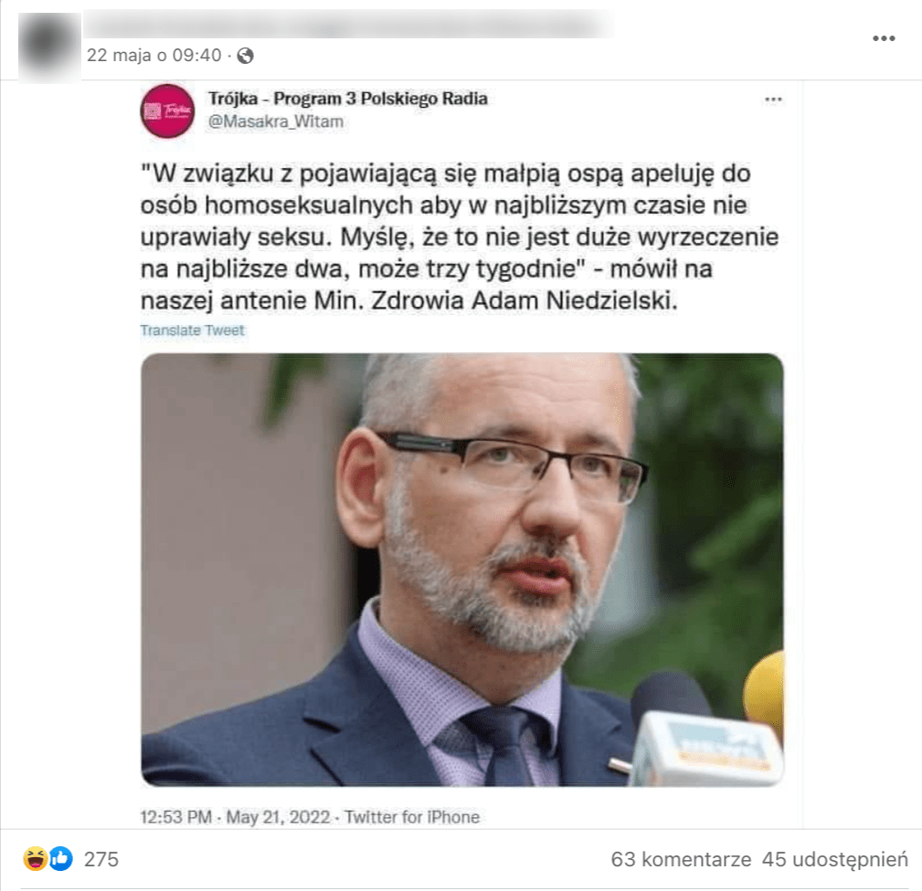 Zrzut ekranu z Facebooka. Do postu dołączono zdjęcie ministra Adama Niedzielskiego. 