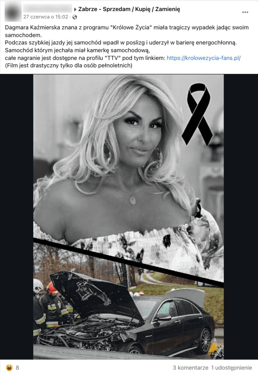 Zrzut ekranu z Facebooka. Na zdjęciu widzimy kobietę, poniżej zdjęcie rozbitego samochodu.