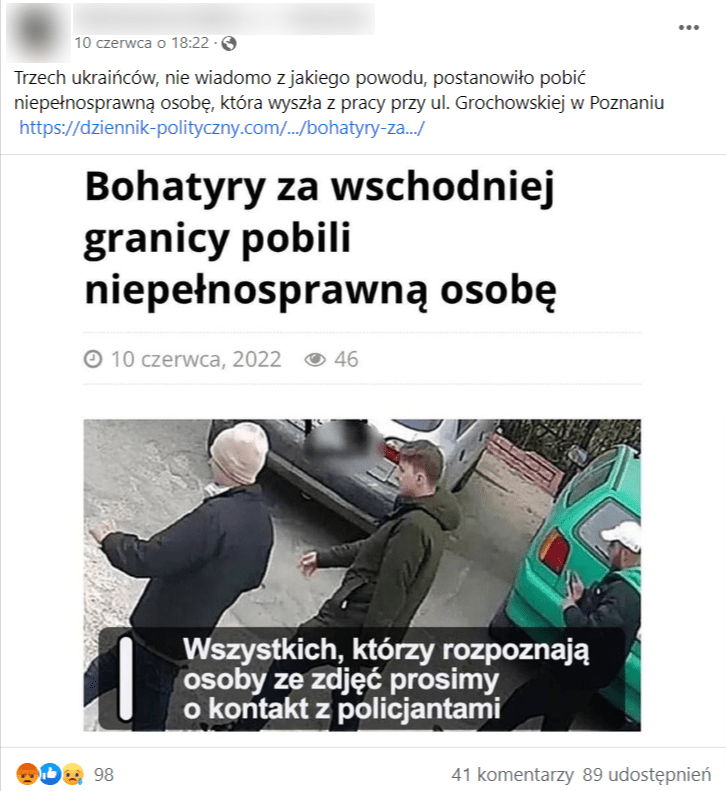 Zrzut ekranu wpisu na Facebooku, w którym podano, że Ukraińcy pobili niepełnosprawnego w Poznaniu. Zamieszczono tam też zdjęcie, które miało przedstawiać wizerunek trzech sprawców.