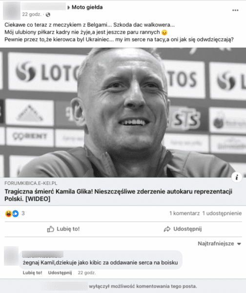 Post zawierający informacje o śmierci Kamila Glina. Załączone czarno-białe zdjęcie przedstawia obrońce reprezentacji polski na tle ścianki sponsorskiej.