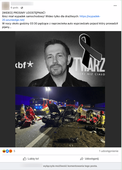 Post informujący o wypadku Krzysztofa ibisza. Informacji towarzyszy czarno-białe zdjęcie prezentera telewizyjnego, oraz fotografia z nocnego wypadku samochodowego.