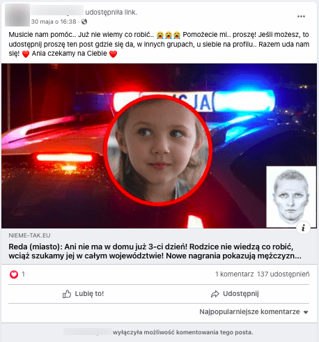 Wpis na Facebooku zawierający informacje o zaginięciu Ani. Do posta załączone zostało zdjęcie dziewczynki na tle radiowozu, w rogu ekranu znajduje się rysunek mający być portretem pamięciowym mężczyzny widzianego przy Ani