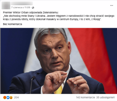 Wpis na Facebooku zawierający zdjęcie premiera Węgier Viktora Urbana, ujętego od barków w górę. Pod zdjęciem znajduje się analizowany cytat 