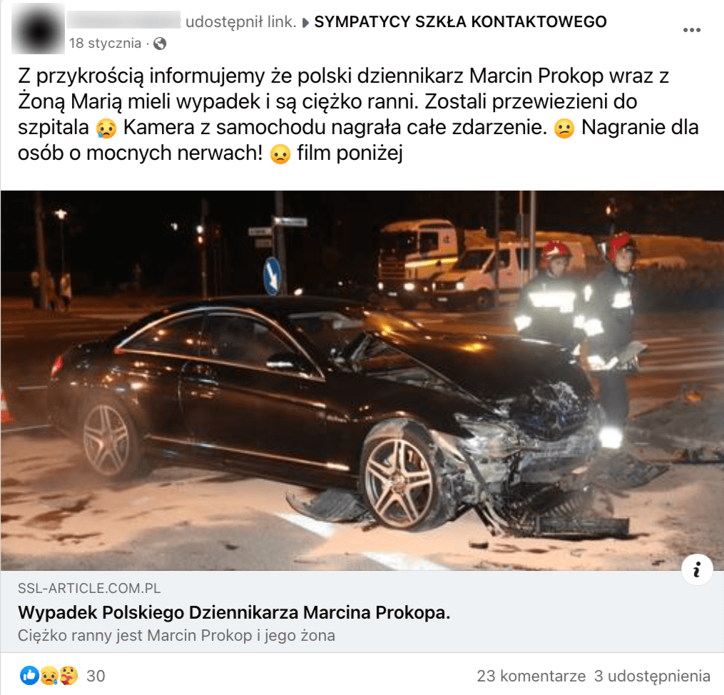 Zrzut ekranu z Facebooka. Post z 13 czerwca informuje o wypadku z udziałem Marcina Prokopa. Dołączono do niego zdjęcie rozbitego czarnego mercedesa.