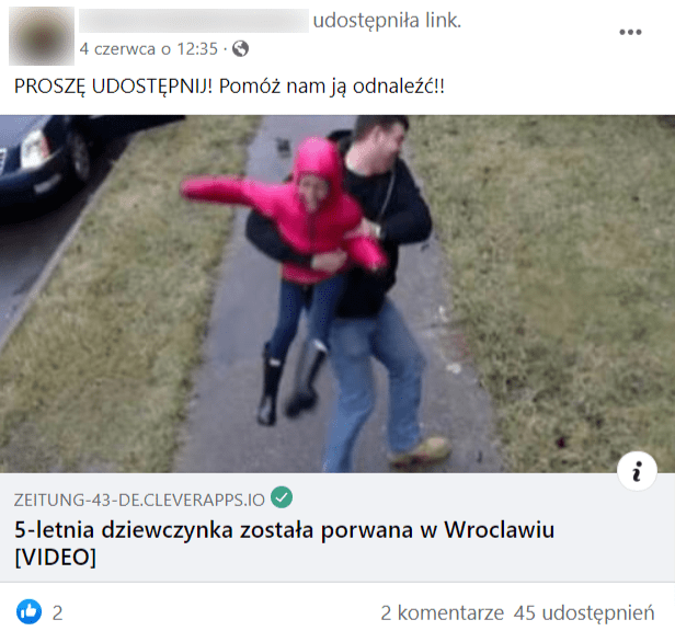 Zrzut ekranu wpisu na Facebooku, w którym przekazywano fałszywe informacje na temat porwania 5-letniej dziewczynki we Wrocławiu.