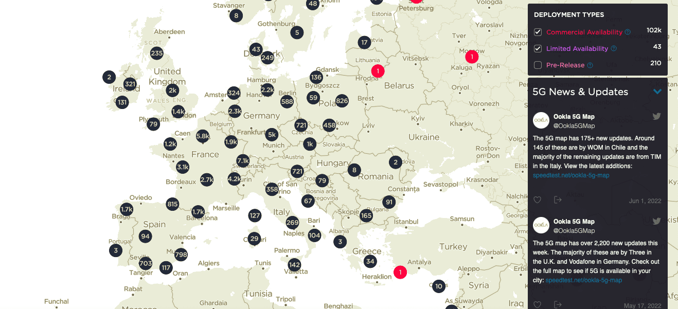 Grafika przedstawiająca zagęszczenie masztów 5G na mapie Europy