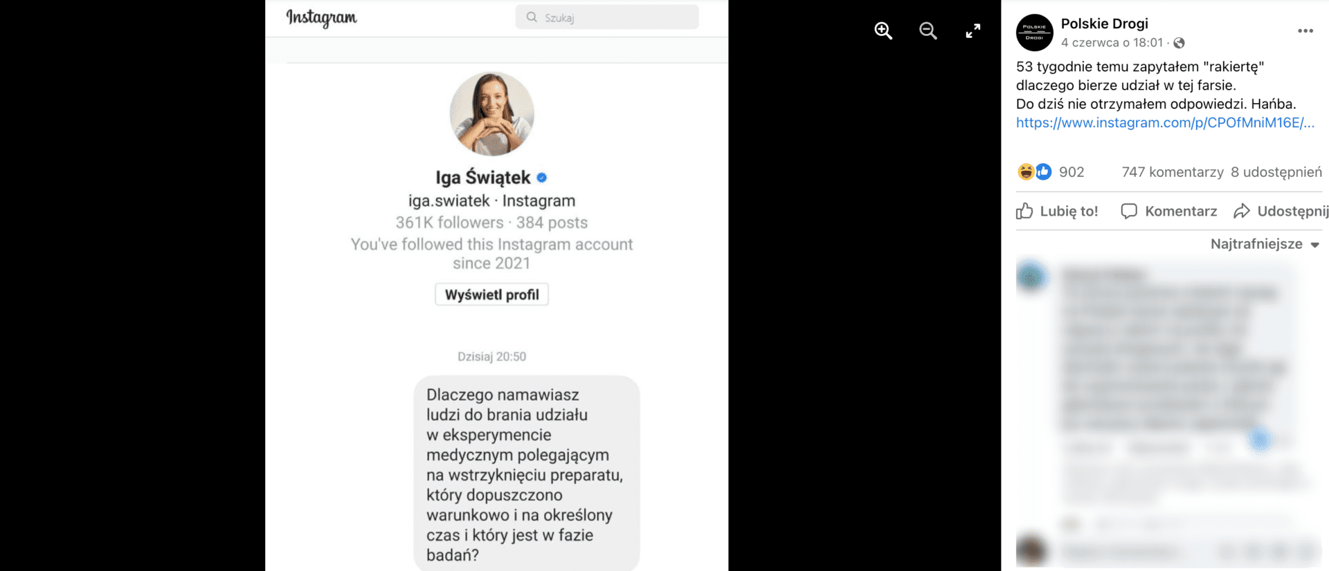Zrzut ekranu z posta na Facebooku opublikowanego przez Polskie Drogi. Do wpisu dołączono zrzut ekranu przedstawiający wiadomość na Instagramie wysłaną do Igi Świątek.