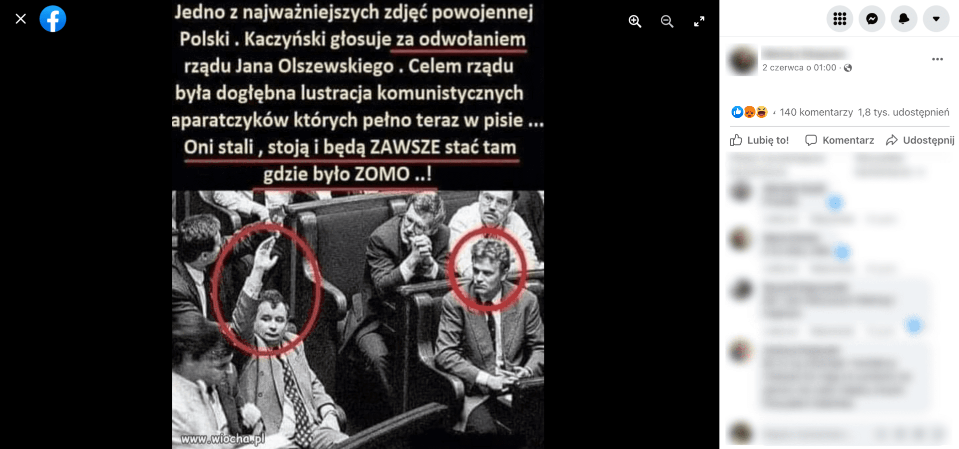 Zrzut ekranu z posta na Facebooku, w którym stwierdzono, że Jarosław Kaczyński głosował „za” odwołaniem rządu Jana Olszewskiego. Wpis zdobył 350 reakcji, 140 komentarzy i ponad 1,8 tys. udostępnień.