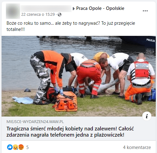 Zrzut ekrany jednego z omawianych postów udostępniających link do artykułu. Zilustrowany jest on zdjęciem ratowników medycznych udzielających pomocy nad zbiornikiem wodnym.
