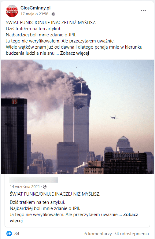 Zrzut ekranu posta na Facebooku, zilustrowano go zdjęciem płonących wieżowców po ataku na World Trade Center. Na wpis zareagowalo ponad 80 osób, a ponad 70 udostępniło go na swoich tablicach.