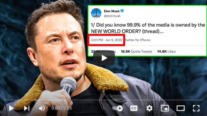 Zrzut ekranu miniatury filmu na YouTubie. Widzimy na niej omawianego rzekomego tweeta oraz zdjęcie Elona Muska z mikrofonem ubranego w kurtkę pilotkę.