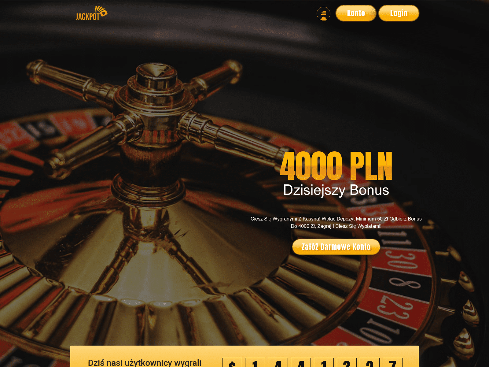 Zrzut ekranu strony, która przedstawiała się jako kasyno o nazwie Jackpot. Na stronie znalazły się informacje o bonusach dla nowych użytkowników.