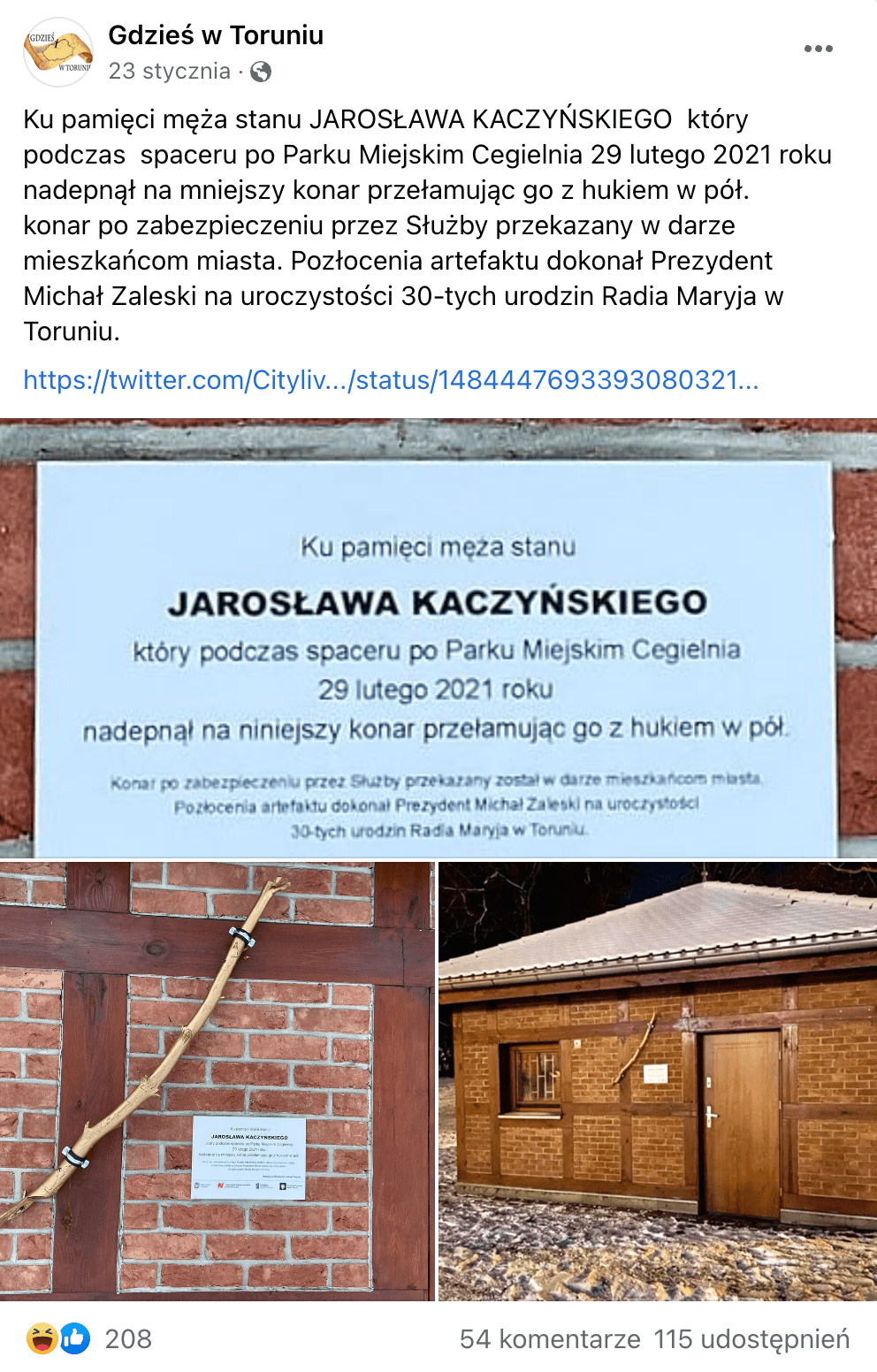 Zrzut ekranu z posta na Facebooku na temat pamiątkowego konara przełamanego przez Jarosława Kaczyńskiego. Wpis zdobył ponad 208 reakcji, ponad 50 komentarzy i ponad 110 udostępnień.