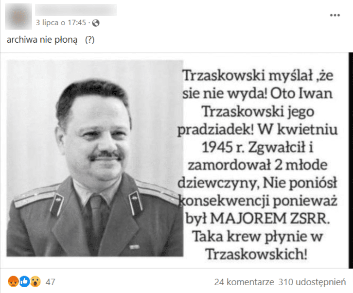 Zrzut ekranu wpisu na Facebooku, w którym przedstawiono wizerunek rzekomego Iwana Trzaskowskiego. 