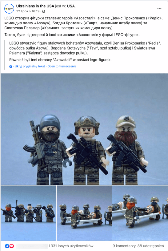 Wpis na Facebooku zawierający zdjęcia figurek LEGO przerobionych na żołnierzy.