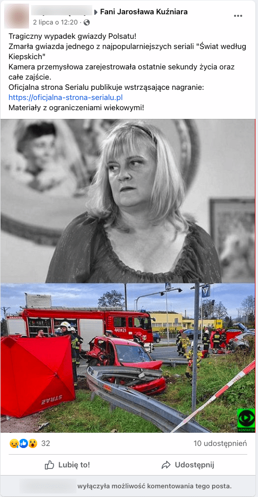 Scamowy wpis zawierający informacje o śmierci Marzeny Kipiel-Sztuki. Załączone obrazki przedstawiają czarno-białe zdjęcie aktorki oraz fotografie z wypadku samochodowego.