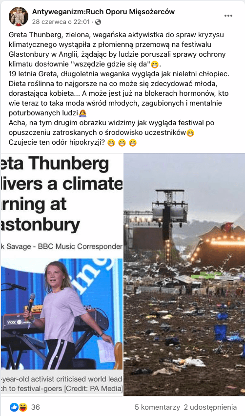 Wpis na Facebooku zestawiający ze sobą zdjęcie Grety Thunberg na scenie festiwalu Glastonbury, oraz zaśmieconego pola festiwalowego.