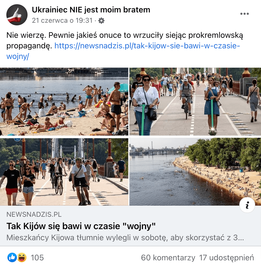 Zrzut ekranu z posta na facebookowym fanpage’u Ukrainiec NIE jest moim bratem. Na zdjęciach widoczni są ludzie opalający się na plaży, a także spacerujący oraz jeżdżący na rowerach i elektrycznych hulajnogach. Wpis zdobył ponad 100 reakcji, 60 komentarzy i 17 udostępnień.