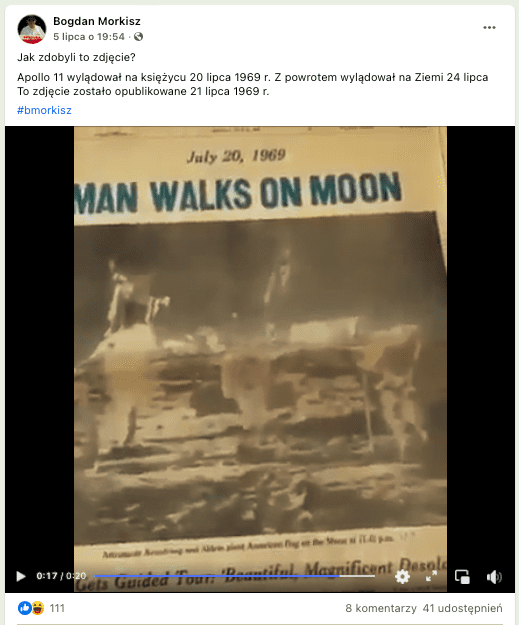 Wpis na Facebooku zawierający nagranie przedstawiające wydanie gazety. 1969 roku zawierające fotografię z lądowania na Księżycu.