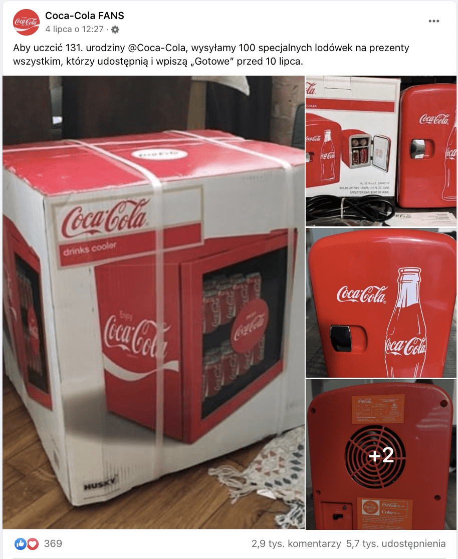 Zrzut ekranu z Facebooku. Do postu dołączono zdjęcia, na których widać lodówki Coca-Coli.