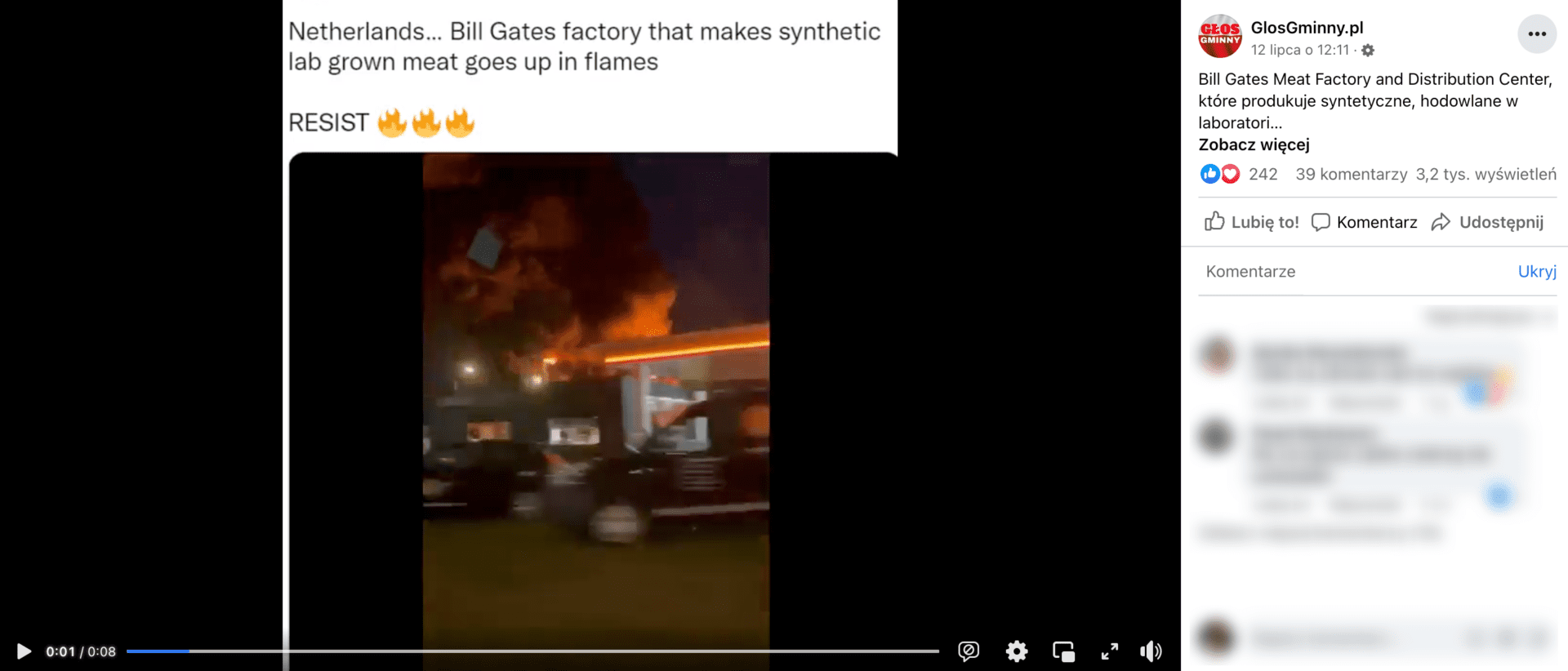 Zrzut ekranu z posta na Facebooku na temat płonącej fabryki. Wpis zdobył ponad 240 reakcji, prawie 40 komentarzy. Wyświetlono go ponad 3,2 tys. razy. 