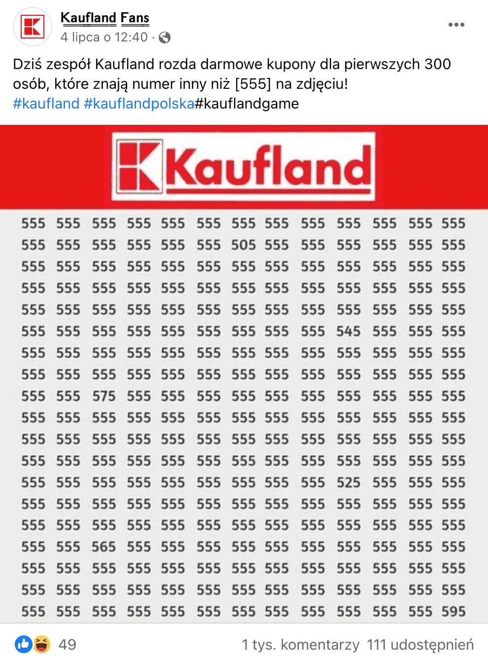 Zrzut ekranu z posta na Facebooku, w którym poinformowano o rzekomym konkursie sklepów Kaufland. Wpis zdobył prawie 50 reakcji, ponad tysiąc komentarzy i ponad 100 udostępnień. 