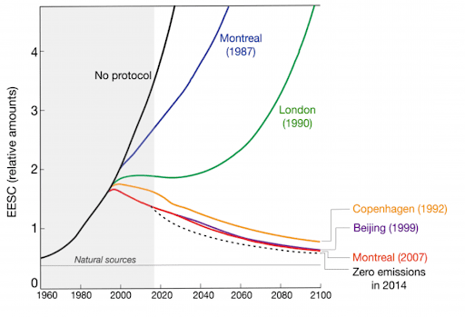 Scenariusze spadku ilości substancji niszczących ozon według kolejnych poprawek Protokołu montrealskiego. Ilości zostały podane w jednostce względnej EESC – ekwiwalent efektywnego chloru stratosferycznego, ponieważ różne substancje mają różną szkodliwość. 