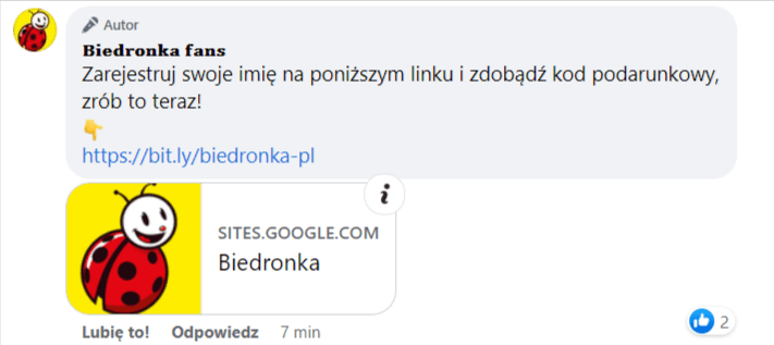 Zrzut ekranu komentarza, w którym zachęcano do rejestracji pod adresem przypominającym stronę sieci sklepów Biedronka.