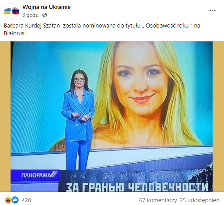Zrzut ekranu wpisu na Facebooku, w którym wskazano, że Barbara Kurdej-Szatan została nominowana do osobowości roku w białoruskiej telewizji. Na podany wpis zaregowało ponad 400 osób.