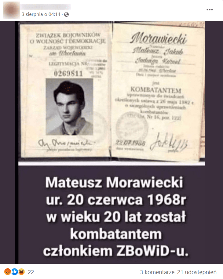 Zrzut ekranu wpisu na Facebooku, w którym podano, że Mateusz Morawiecki w wieku 20 lat został kombatantem członkiem ZBoWiD-u. Na wskazany wpis zareagowało ponad 20 osób i ponad 20 udostępniło go dalej na swoich tablicach.