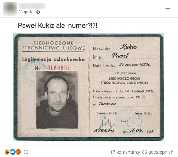 Zrzut ekranu wpisu na Facebooku, w którym przedstawiono fałszywą legitymację Pawła Kukiza z przynależnością do Zjednoczonego Stronnictwa Ludowego w okresie PRL-u. Na wpis zareagowało 30 osób, a ponad 60 udostępniło go.