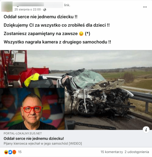 Wpis na Facebooku o rzekomej śmierci Jurka Owsiaka w wypadku samochodowym. Do tekstu dołączono zdjęcie Owsiaka oraz fotografię wypadku samochodowego