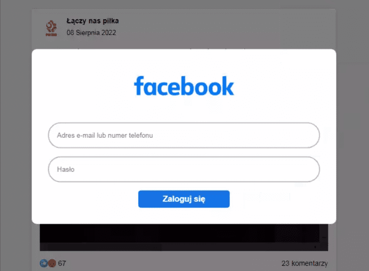 Zrzut ekranu z podejrzanej strony, na której próbowano wyłudzić dane poprzez formularz logowania imitujący Facebooka.