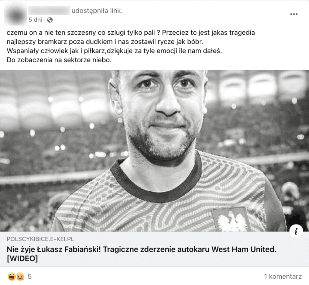 Zrzut ekranu z Facebooka. Do posta dołączono czarno-białe zdjęcie piłkarza Łukasza Fabiańskiego.