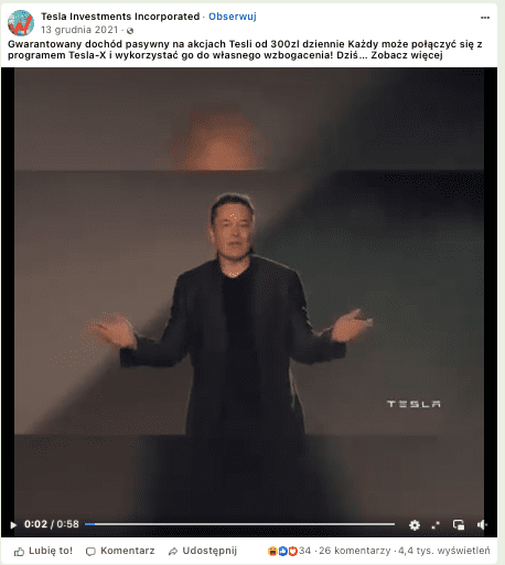 Wpis na Facebooku zachęcający do inwestycji w platformę Tesla X. Na nagraniu widać Ilona Muska stojącego na scenie skierowanego i mówiącego w stronę publiczności.
