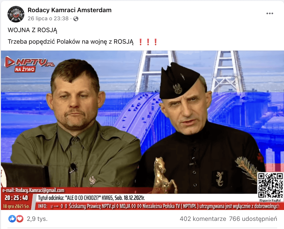 Zrzut ekranu z Facebooka. Do posta dołączono zdjęcie, na którym widać dwóch mężczyzn w wojskowych mundurach.