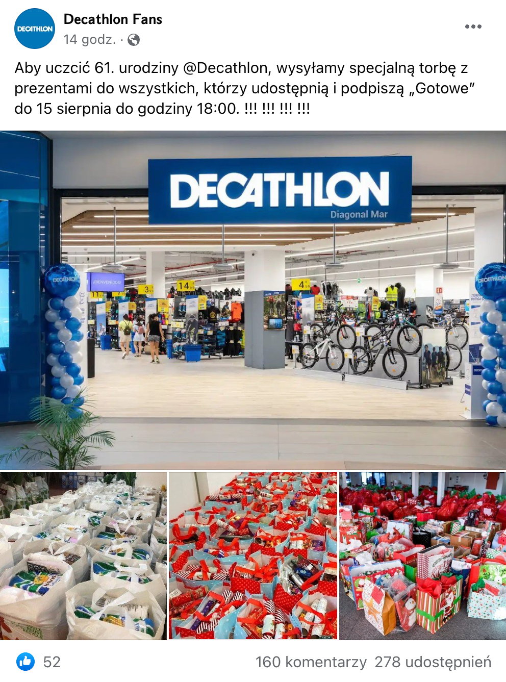Zrzut ekranu z posta na Facebooku, w którym ogłoszono rzekomą akcję rozdawania toreb pełnych prezentów przez Decathlon. Wpis zdobył ponad 50 polubień, 160 komentarzy i ponad 270 udostępnień.