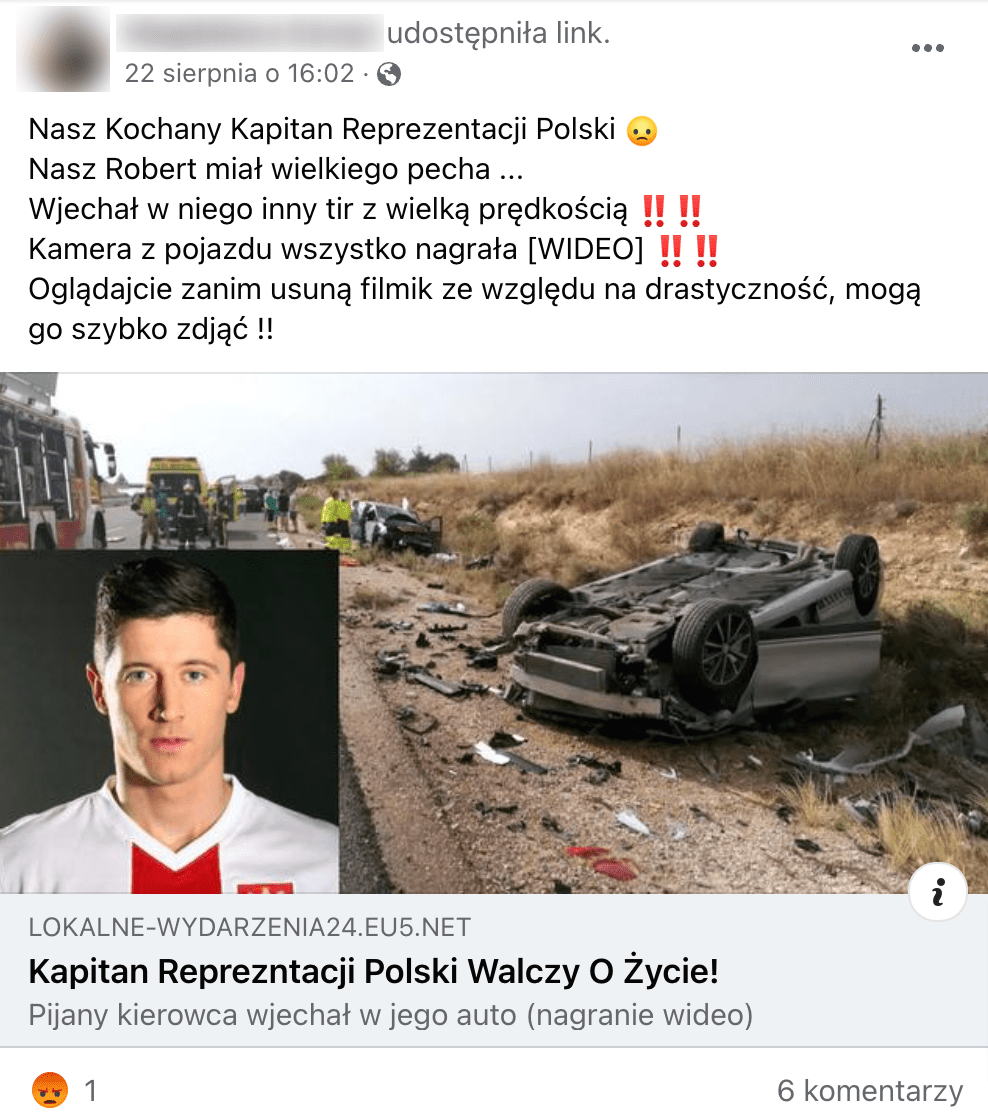 Zrzut ekranu z posta na Facebooku na temat wypadku Roberta Lewandowskiego. Widoczne jest zdjęcie piłkarza na tle rozbitego samochodu.