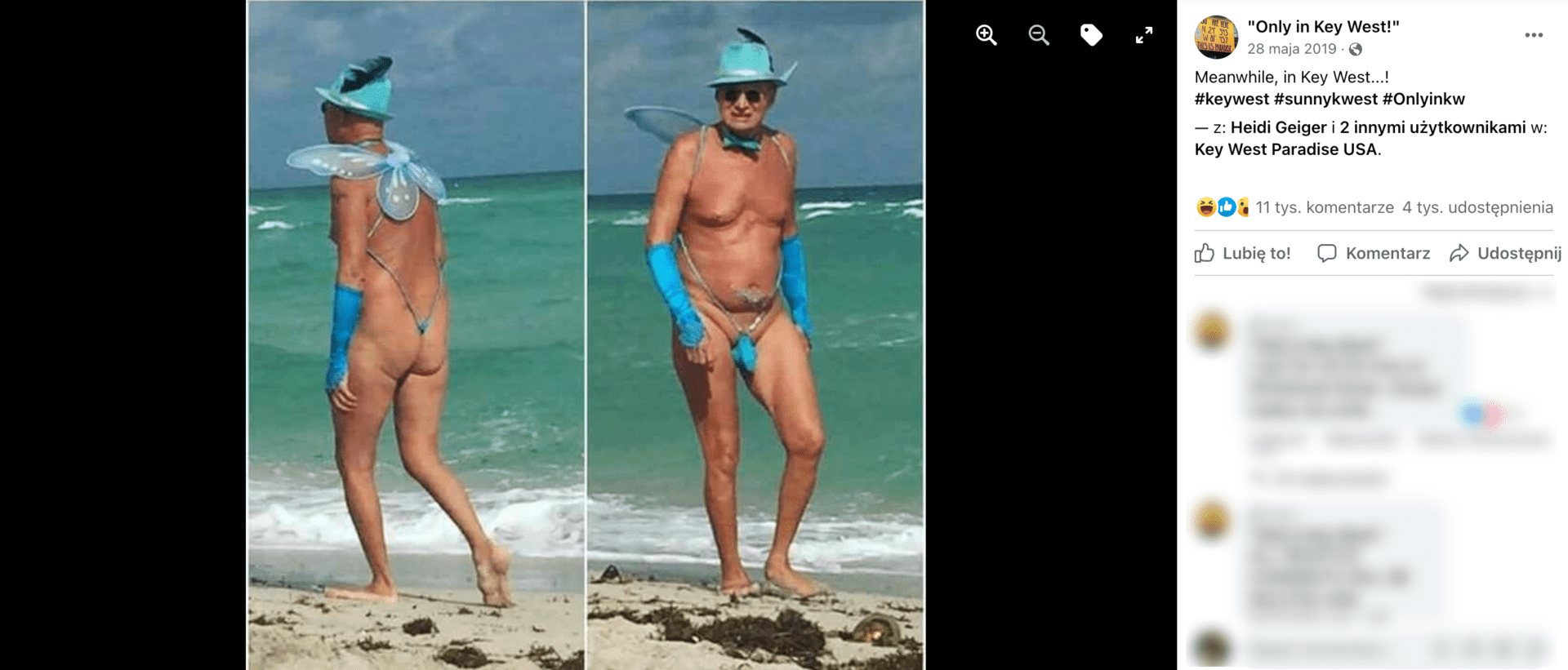 Zrzut ekranu z posta na Facebooku, w którym udostępniono zdjęcia Maxa Schwaba. Widoczny jest na nim mężczyzna na plaży w ekscentrycznym stroju.