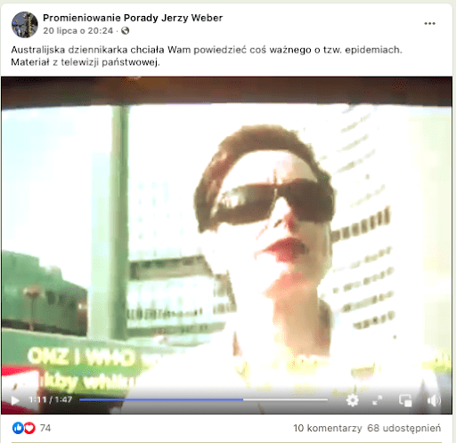 Wpis na Facebooku zawierający zrzut ekranu przedstawiający kadr z wystąpienia Jane Burgermeister komentującej rzekomy spisek WHO i ONZ.