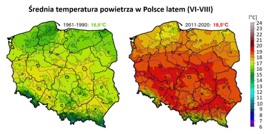 Mapy Polski z zaznaczonymi średnimi temperaturami powietrza latem w zależności od regionu